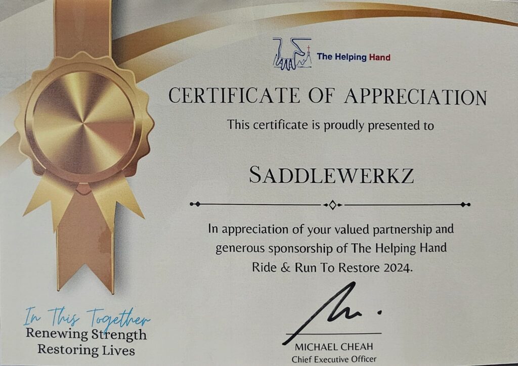 Certificate of Appreciation to Saddlewerkz from The Helping Hand for partnership and sponsorship of Ride & Run To Restore 2024